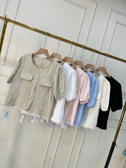 Women Korean Puff Sleeves Round Neck Button Down Tops
